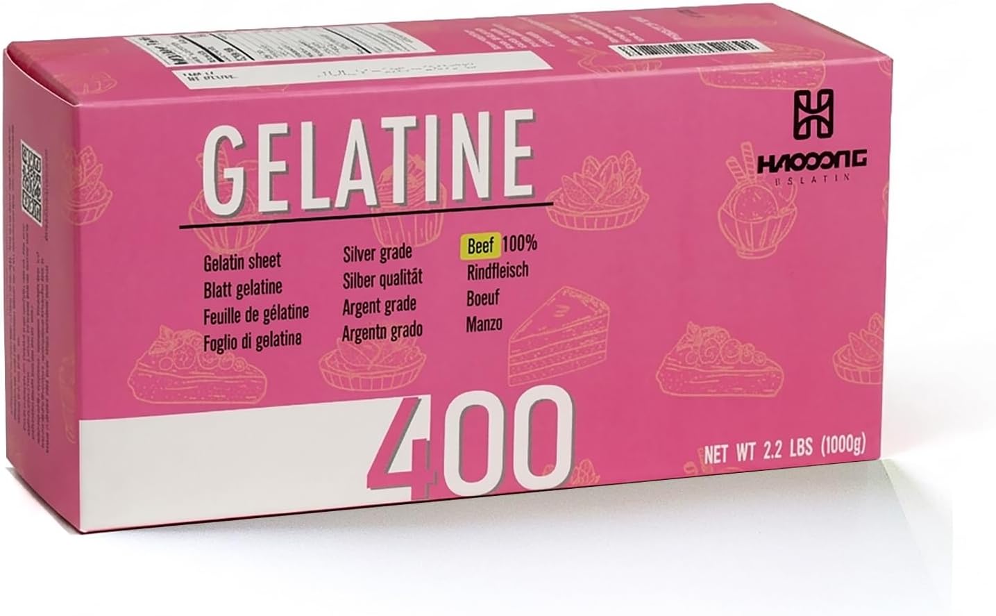 HAODONG Beef Silver Gelatin Sheets - 1KG/2.2LBS (380-400Sheets) 180Bloom Gelatin Leaves for Baking, Cooking Mirror Glaze Dessert Jellies Mousse Cake