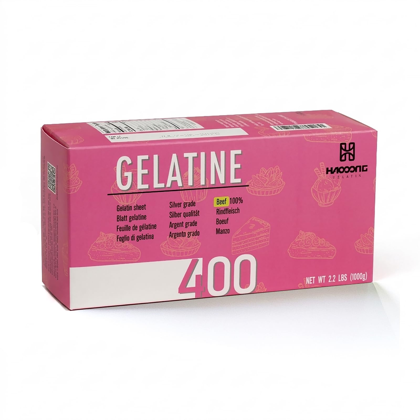 HAODONG Beef Silver Gelatin Sheets - 1KG/2.2LBS (380-400Sheets) 180Bloom Gelatin Leaves for Baking, Cooking Mirror Glaze Dessert Jellies Mousse Cake