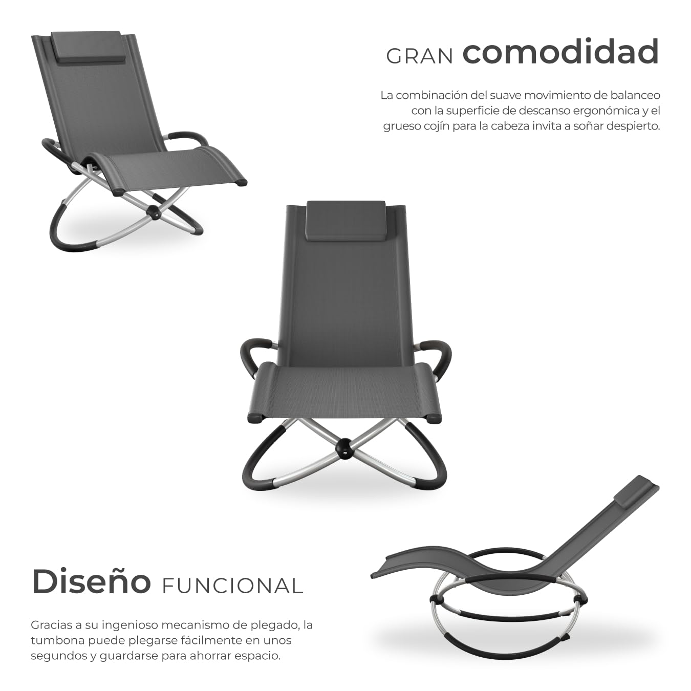 tectake® Tumbona Plegable con Función Balancín, Tumbona Playa Ergonómica, Tumbona Piscina en Acero y Textileno, Tumbona Jardín Exterior, Protección Antivuelco, Carga Máx. 150 kg, Fácil Montaje - Gris