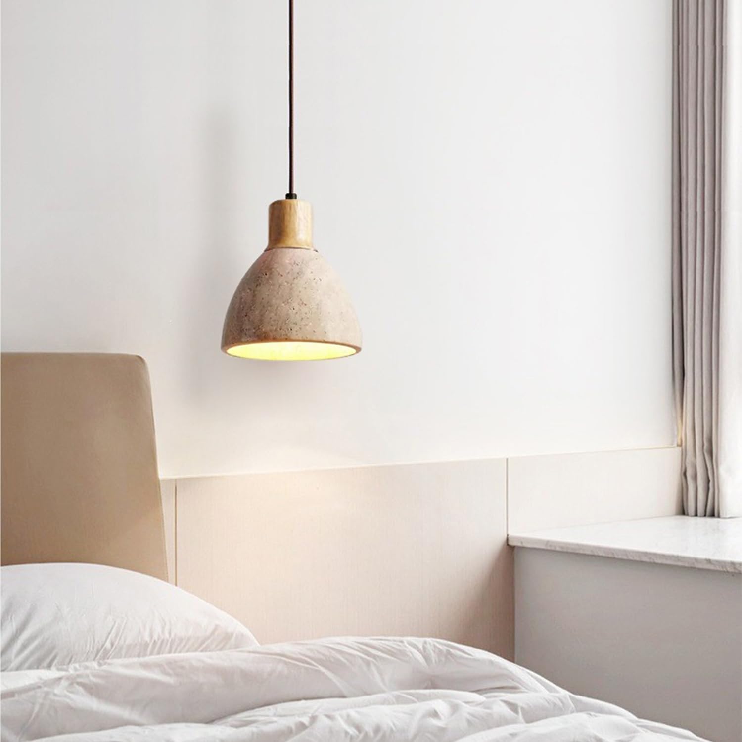 Lampadari a sospensione in pietra di travertino naturale Lampada a da 6,3 pollici Travertino poroso con decorazione artistica in legno Stile base industriale(Natural wood colour)