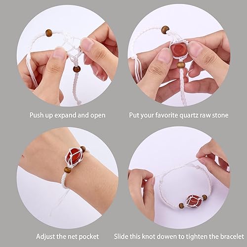 Miniatura 4 de WEWAYSMILE 4 pulseras de cristal vacías ajustables con jaula de piedra para pulseras de nailon trenzado de cristal con cuentas de madera natural
