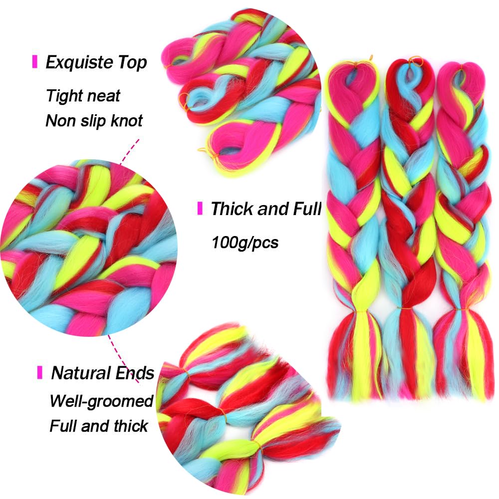 ColorfulPanda 3 packs Hair Extensions for Braiding Crochet Twist Hair Rainbow Color,Yaki Synthetic Easy Jumbo Braids Pre-stretched African Box Braided hair 24inch,Yellow/Blue/Red/Rose pink - Image 2