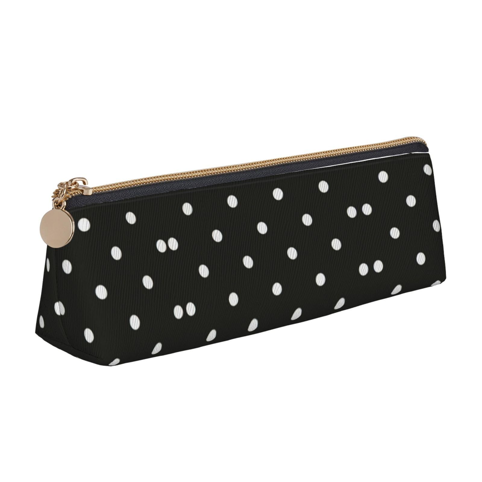 ZKZBDPLK Black and White Polka Dot Print Stylish Leather Triangle Pen Case â€“ All-Over Print, Cross Patterned Leather, Compact and Versatile Pen Pouch