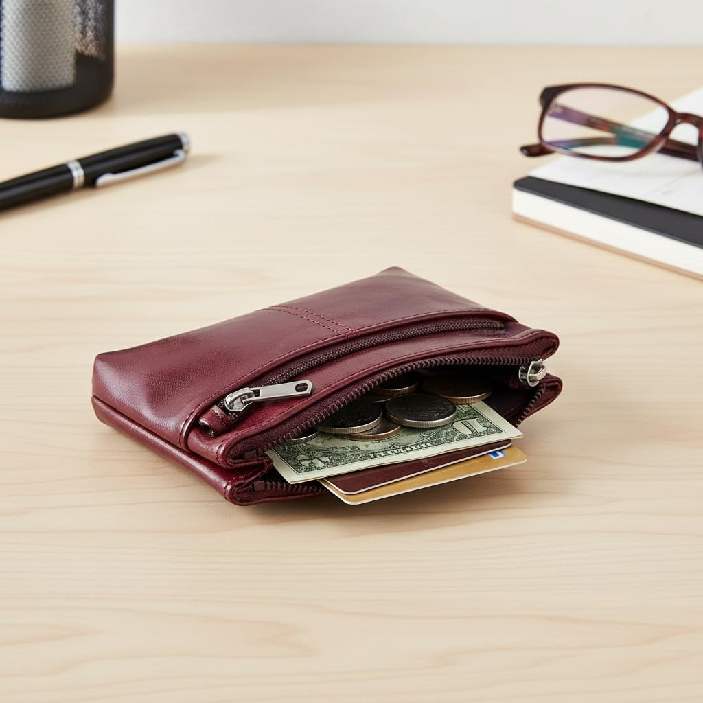 Porte-monnaie en cuir ciré avant et arrière avec fermeture éclair, sac de rangement portable pour pièces et cartes de crédit, convient aux hommes et aux femmes, résistant à l'usure et durable, doux au