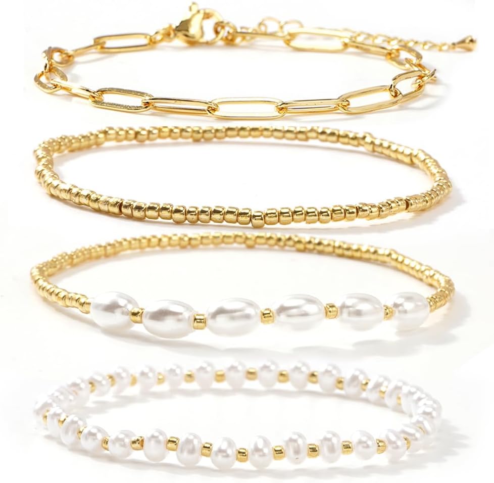 Gold Beaded Pearl Bracelet Stack Set for Women,Handmade Bohemian Non Tarnish Gold Paperclip Link Stackable Bracelets Trendy Prom Jewelry Gift