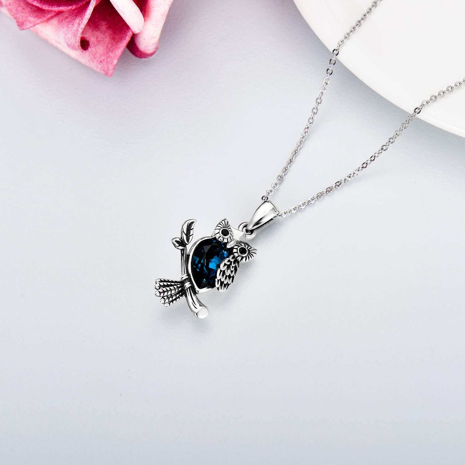 Collier Hibou en Argent Sterling 925 avec Pendentif en Forme en Cristal Cadeau d'Anniversaire pour Femme Mère 45,7 + 5,1 cm
