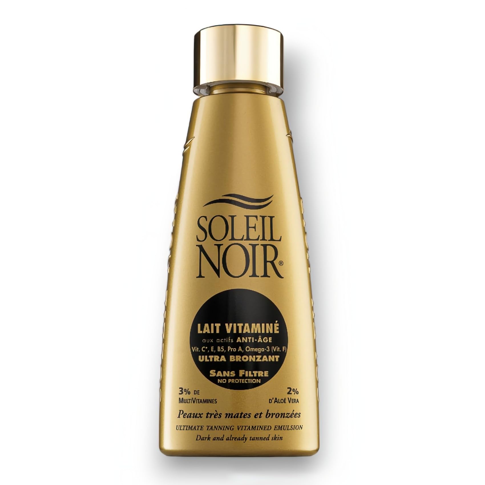 Soleil Noir - Lait Corps Vitaminé Sans Filtre Ultra Bronzant - Peaux Très Mates et Bronzées - Actifs Anti-Âge et Vitamines - Fabrication Française - Flacon avec Capsule Service, 150 ml