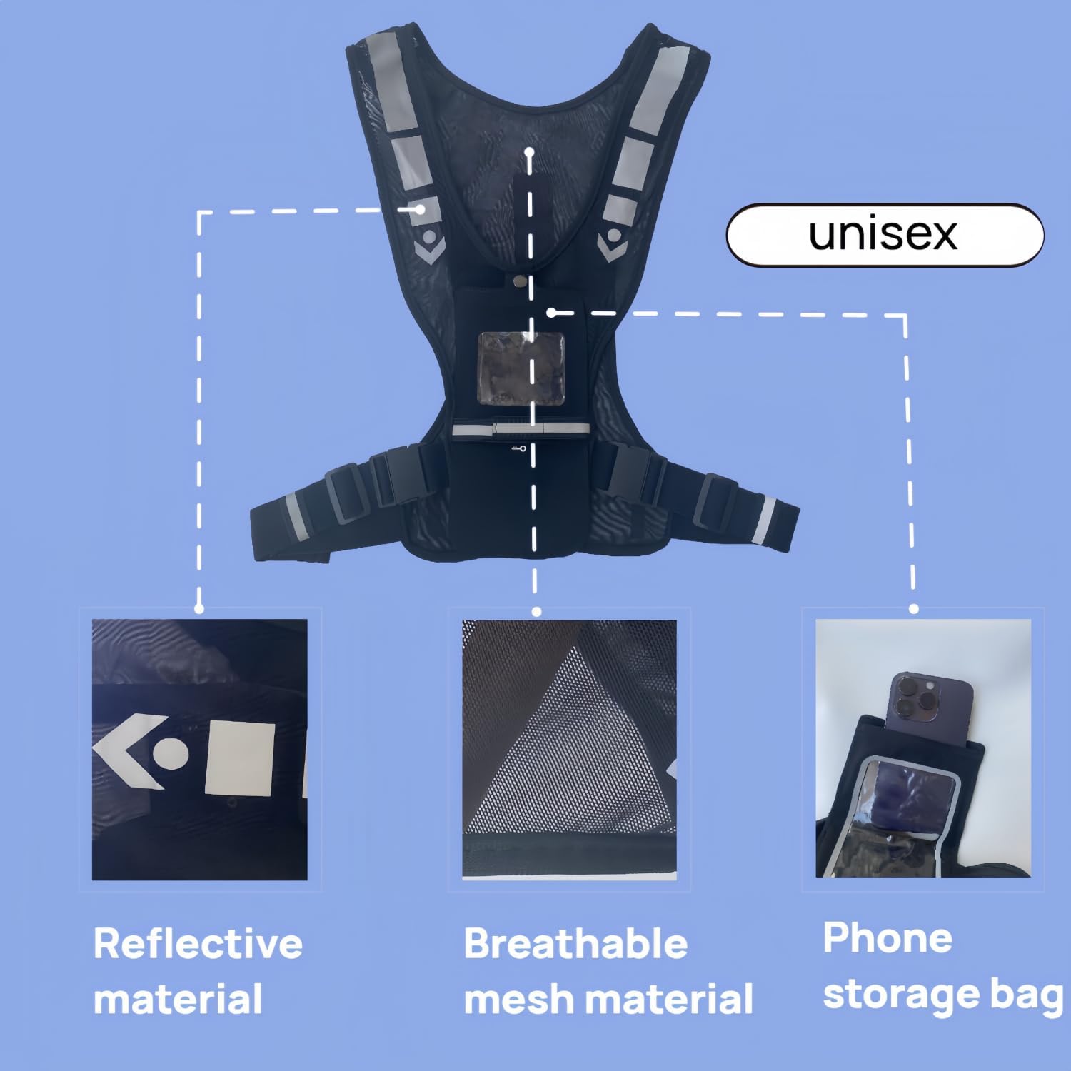 Breathable Sports Cycling Vest with Phone Storage, Reflective Material, Adjustable Waistline 13.8-63 inch, Unisex