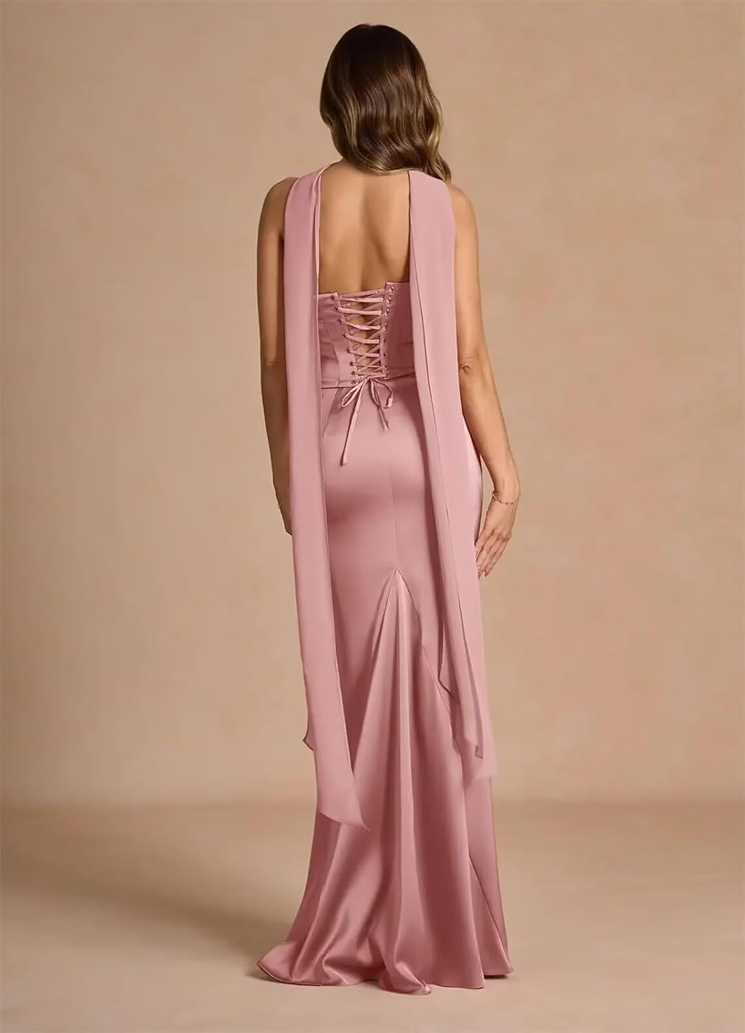 ISABUFEI Long Satin Mermaid Prom Dress - Strapless Pleated Formal Evening Gown with Scarf Elegant Bridesmaid Dresses