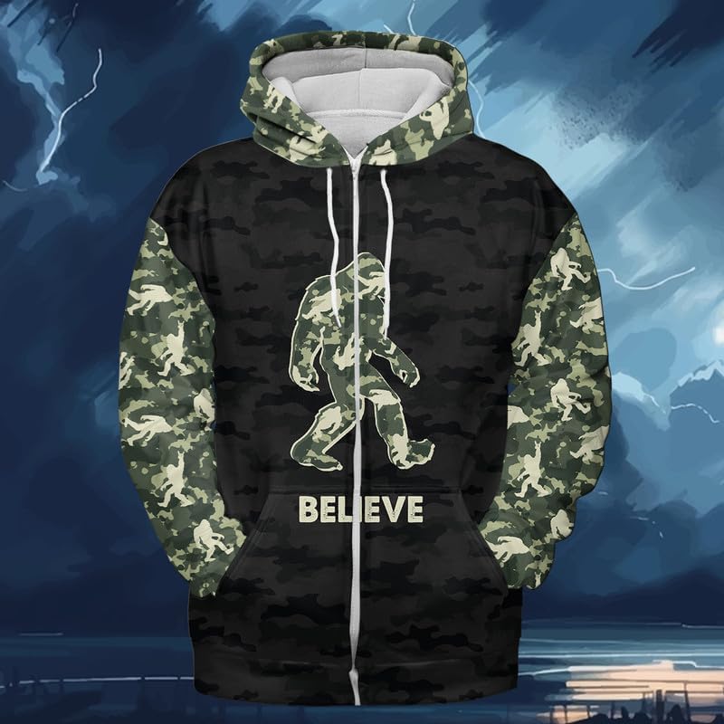 Men's Zip Up Bigfoot Hoodie, Bigfoot Believe Shirt, Sasquatch Shirt, Bigfoot Zip Hoodie Hooded Sweatshirt
