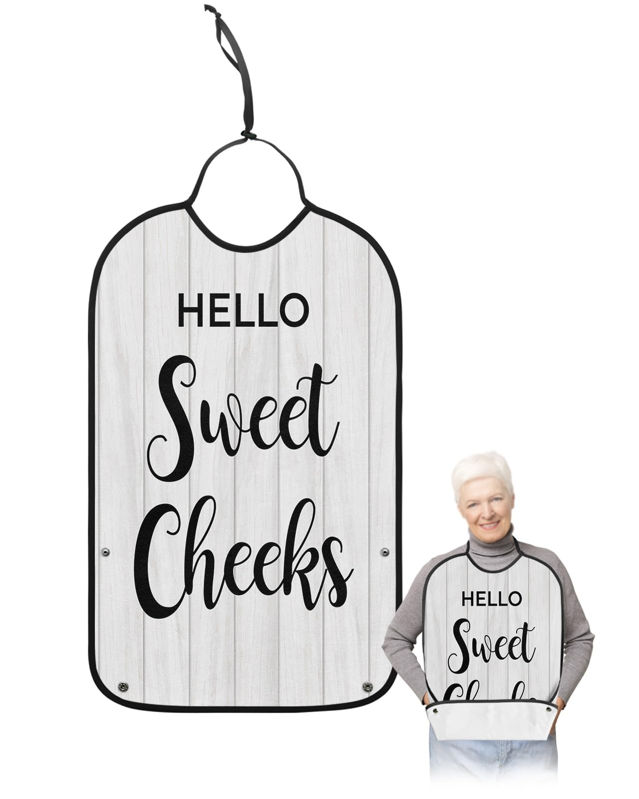 Hello Sweet Cheeks Adult Bibs for Eating, Waterproof Bibs with Food Catcher & Adjustable Snap Closure, Bathroom White Farm Vintage Wood Washable Clothing Protectors Adult Bibs for Elderly Women/Men