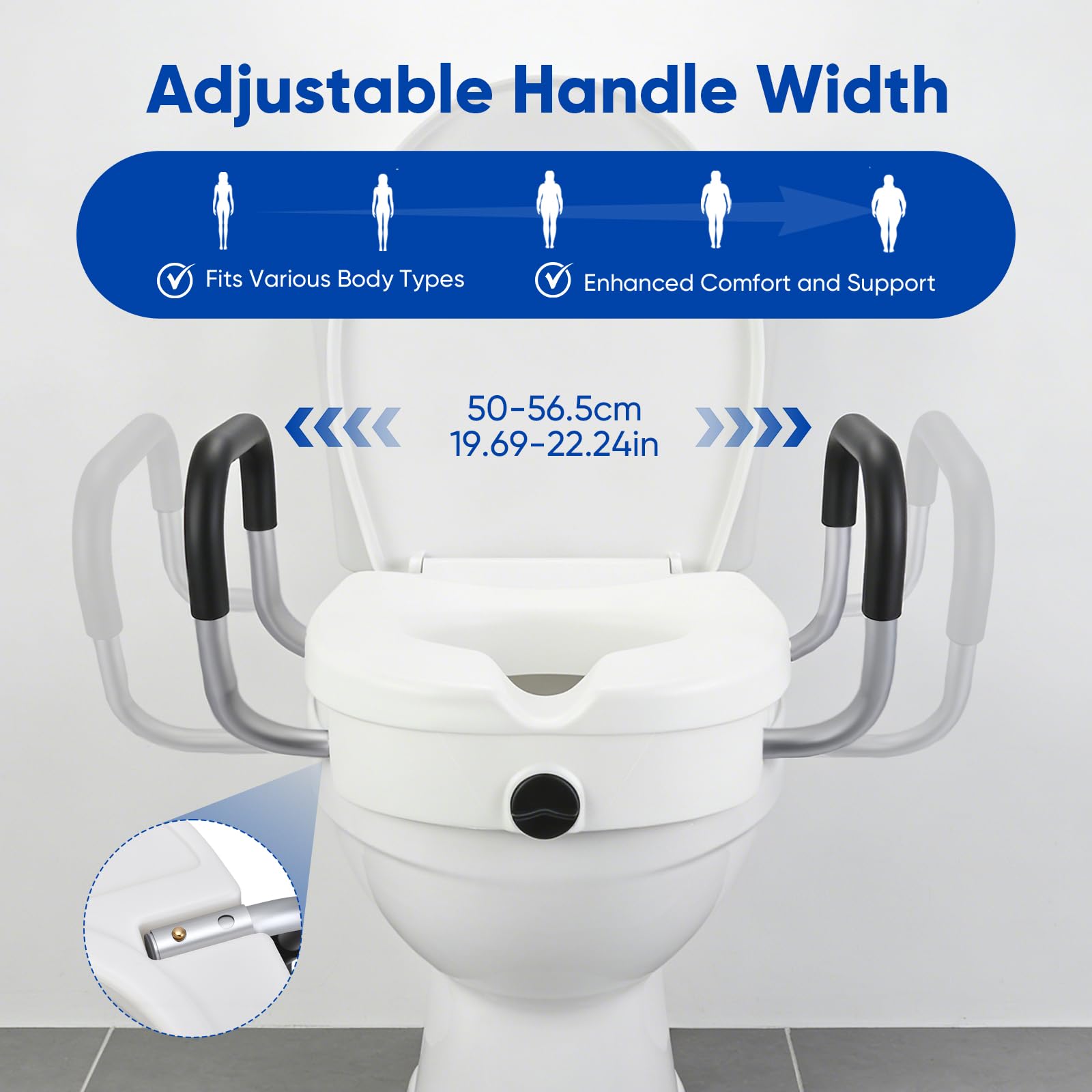 Rialzo WC per Anziani con Braccioli, Aggiunge 12 cm di Altezza, Alzatore per Sedile del WC per Anziani, Seniores e Donne in Gravidanza, Sicurezza e Supporto per Disabili, Larghezza Regolabile