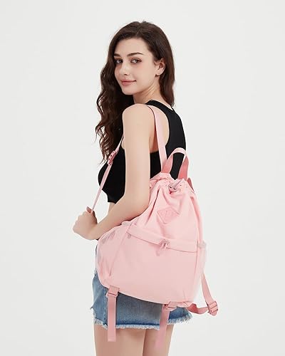 Miniatura 3 de WANDF Mochila con cordón para mujer, bolsa de gimnasio con correa para esterilla de yoga, resistente al agua, con bolsillo de malla, Rosado