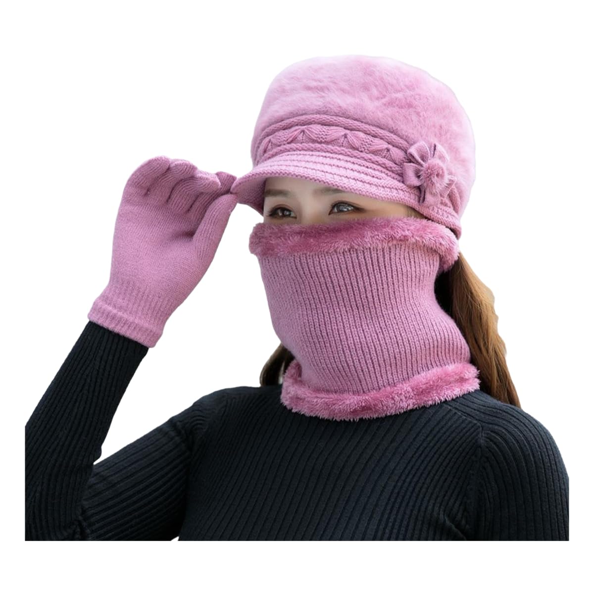 Set gorro bufanda guantes contra el frío extremo con lana suave rosa