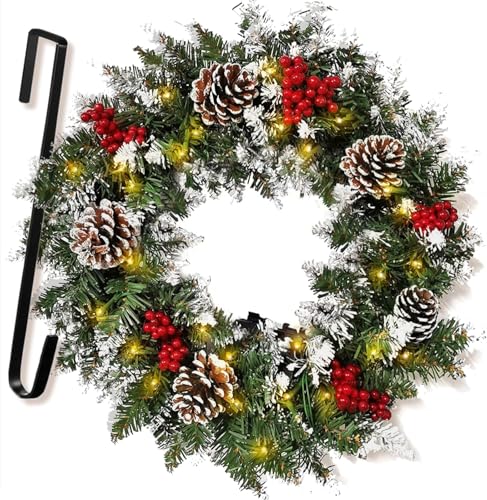 Christmas Wreath, Christmas Wreaths for Front Door, Pre-Lit Artificial Christmas Wreath with Lights, Outdoor Indoors Christmas Wreath, Decorated with Pine Cones, Berry Clusters, Branches, 18 inch