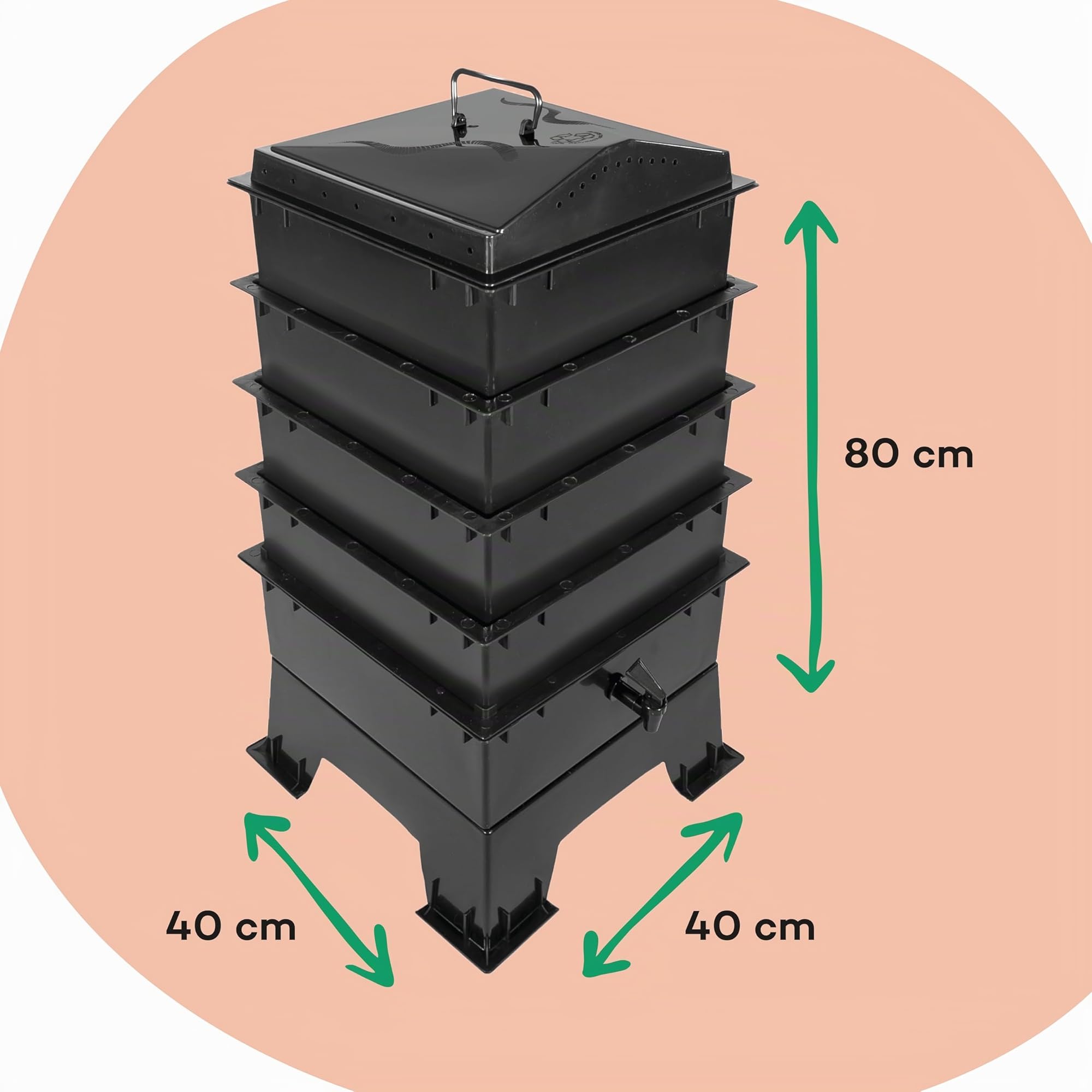 Lombricomposteur 4 Plateaux Kit Complet | 150gr de vers de Compost | Substrat de démarrage + Bloc de Coco + Accessoires | Intérieur, Balcon et Jardin (Noir)