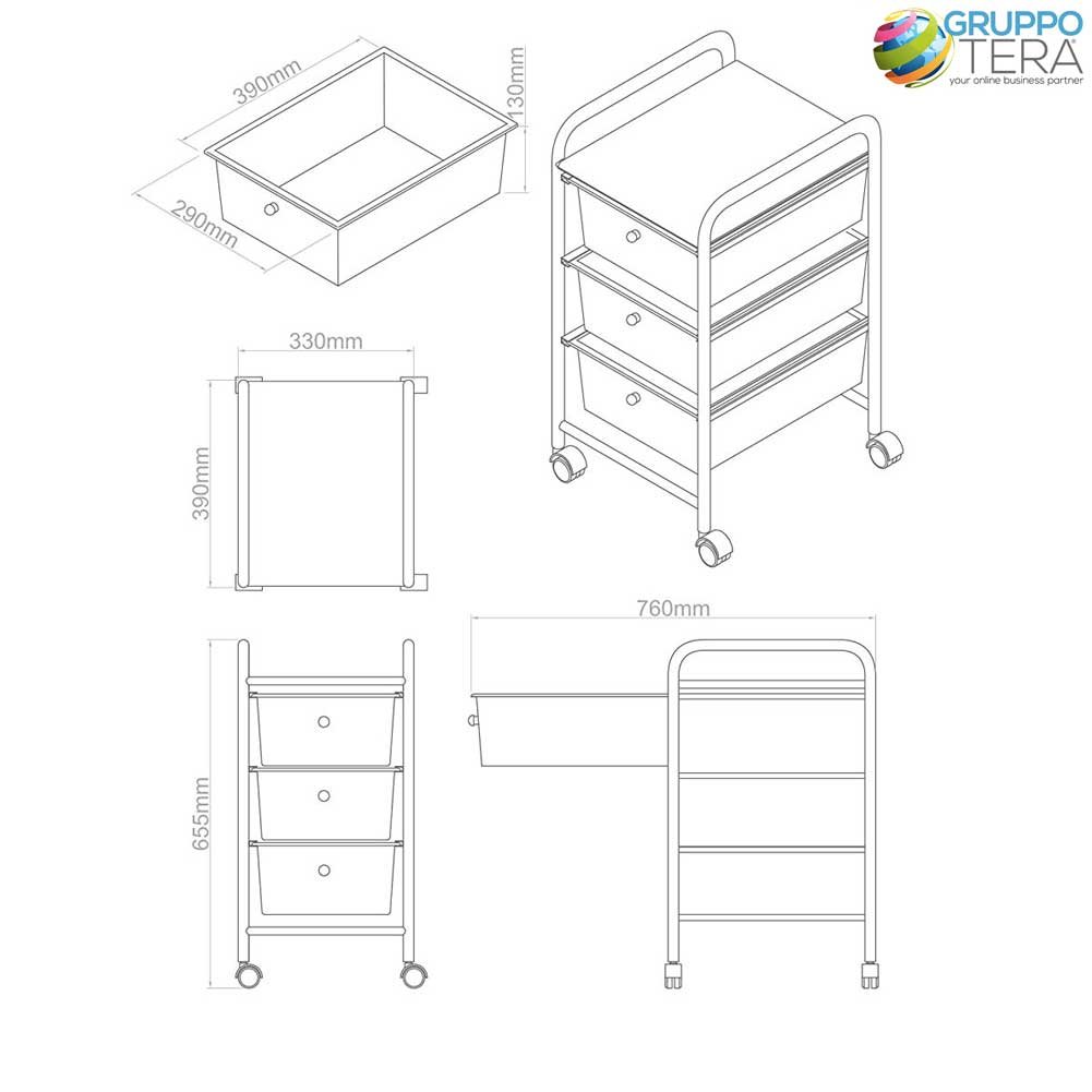 BAKAJI Carrello Estetista in Acciaio Cromato Cassettiera 3 Cassetti Estraibili Colorati con 4 Ruote + Ripiano Superiore Carrello Trolley con Cassetti