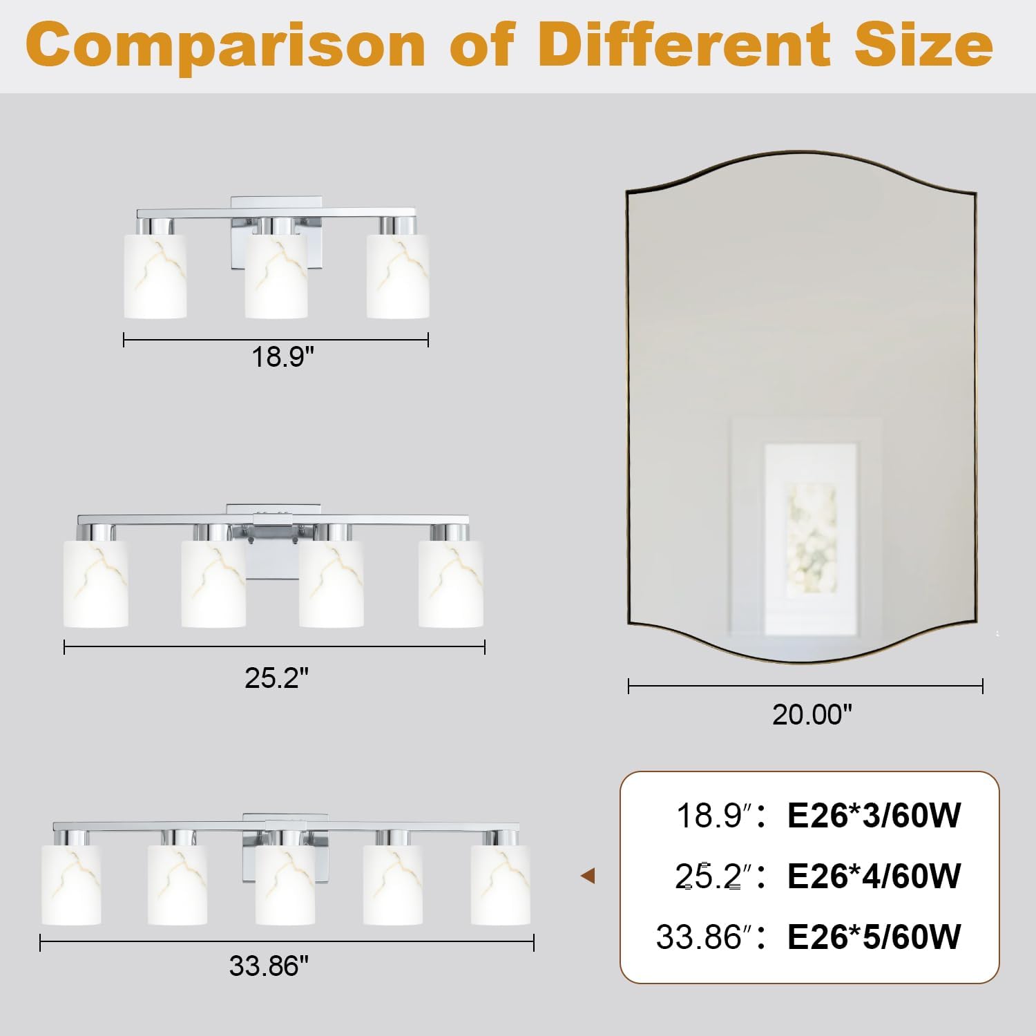 5-Light Bathroom Light Fixtures, Modern Vanity Lights, Chrome Metal Wall Lamp with White Marble Glass for Bathroom, Mirror, Living Room, Bedroom, Cabinet, Porch, Hallway, E26 Base