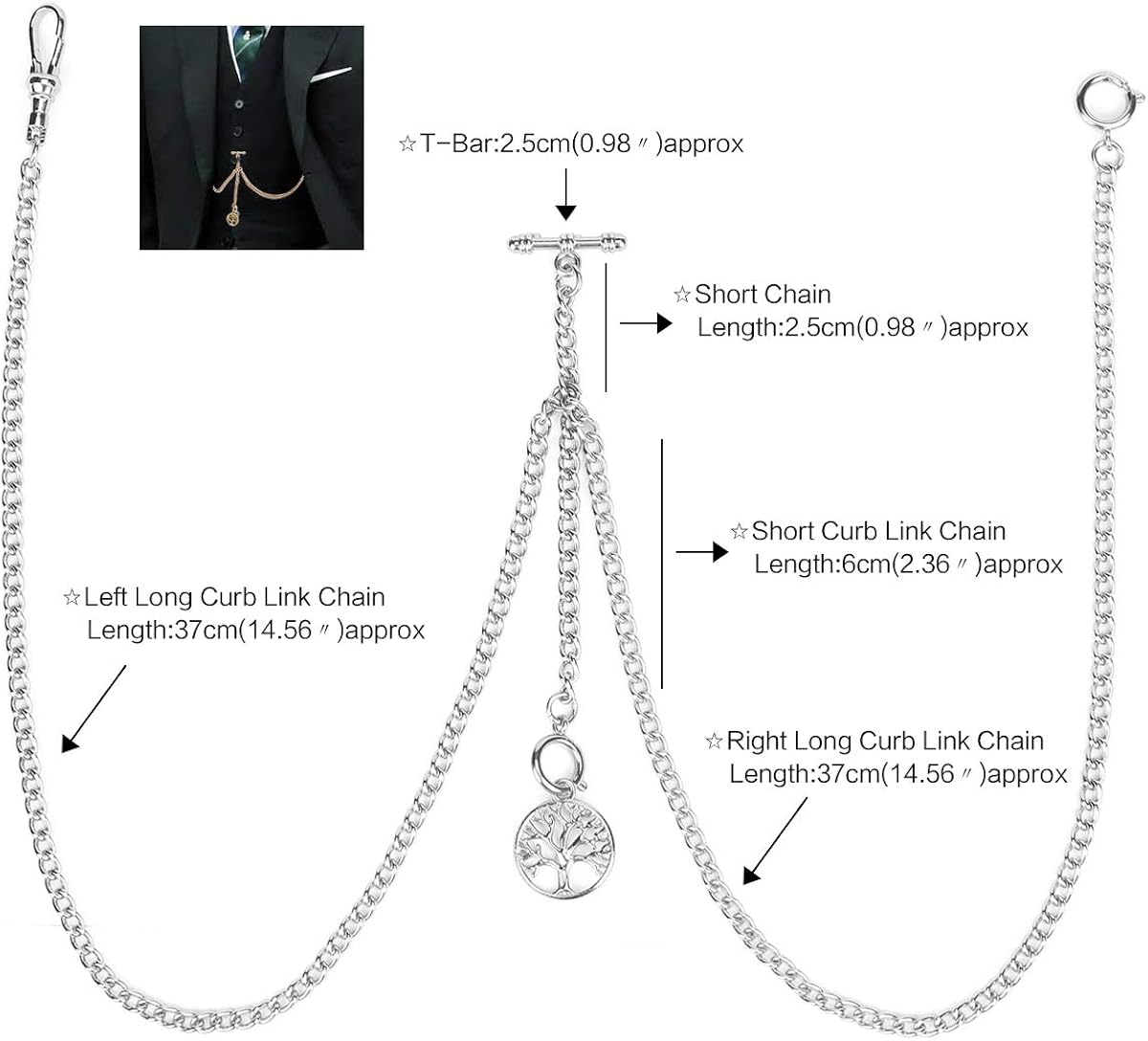 SIBOSUN Pocket Watch Double Albert Chain T Bar Watch Chain 3 Hook Antique Fob Curb Link Chain for Men with Life Tree Pendant Design Silver : Clothing, Shoes & Jewelry