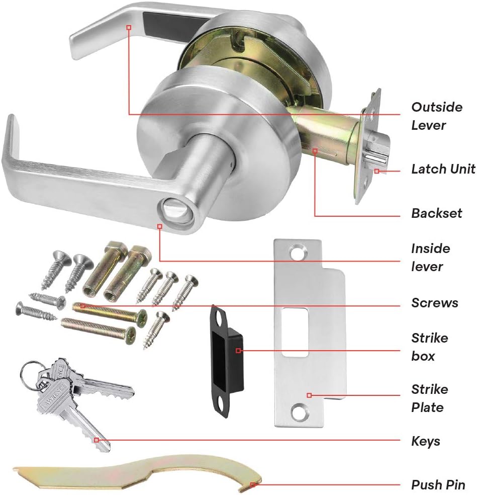 Lawrence Commercial Lever Door Lock - Heavy Duty Locking Commercial Door Handle Keyed Entry, Grade 2 Door Handle with Lock and Key - Brushed Chrome, Entrance/Keylock Function Embassy Series