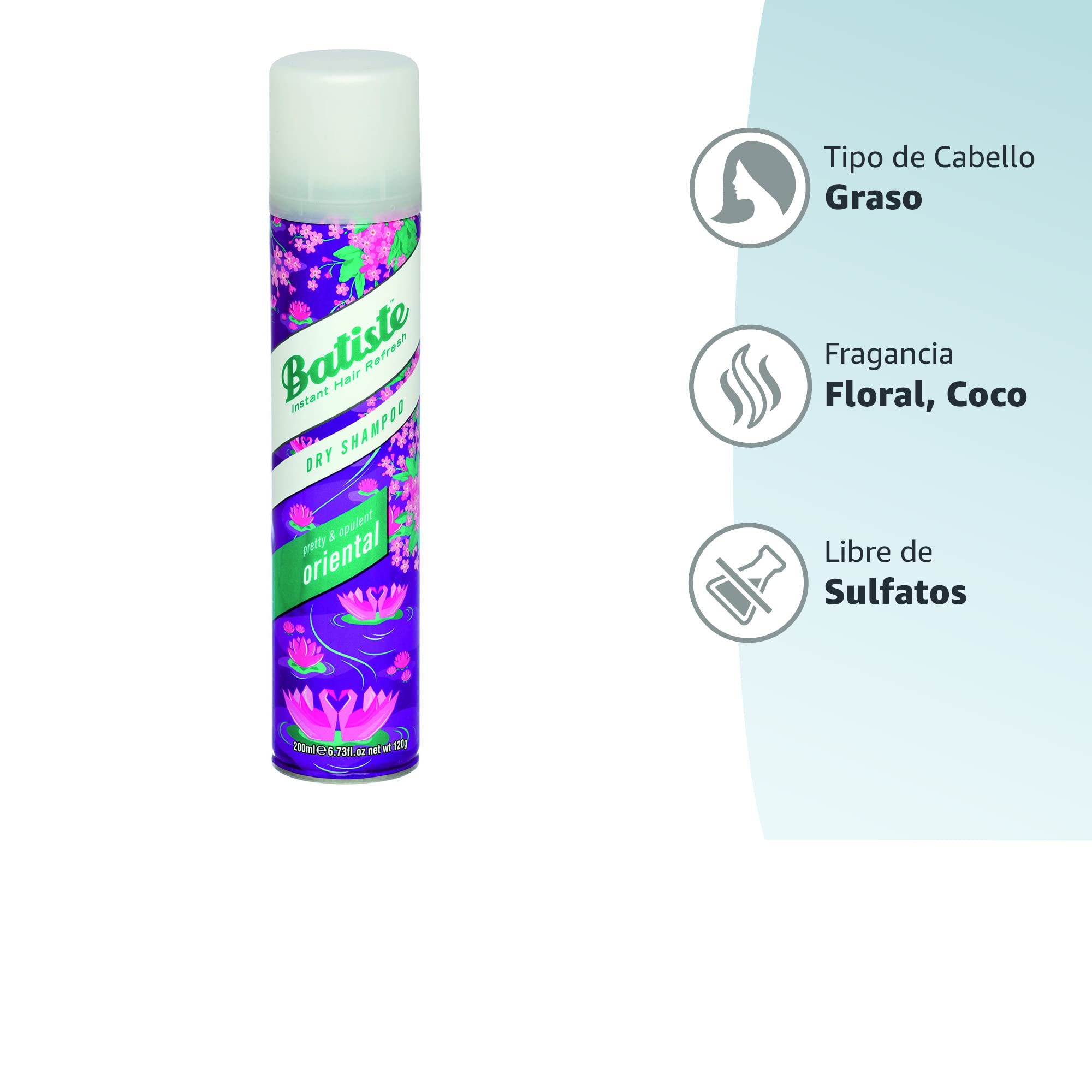 Batiste - Champú Seco Oriental- sin Sulfatos - Vegano y Ecofriendly - para cabello con aroma a coco, iris, lirio, jazmin, cedro, uva, manzana y bayas salvajes - 200ml (el embalaje puede variar)