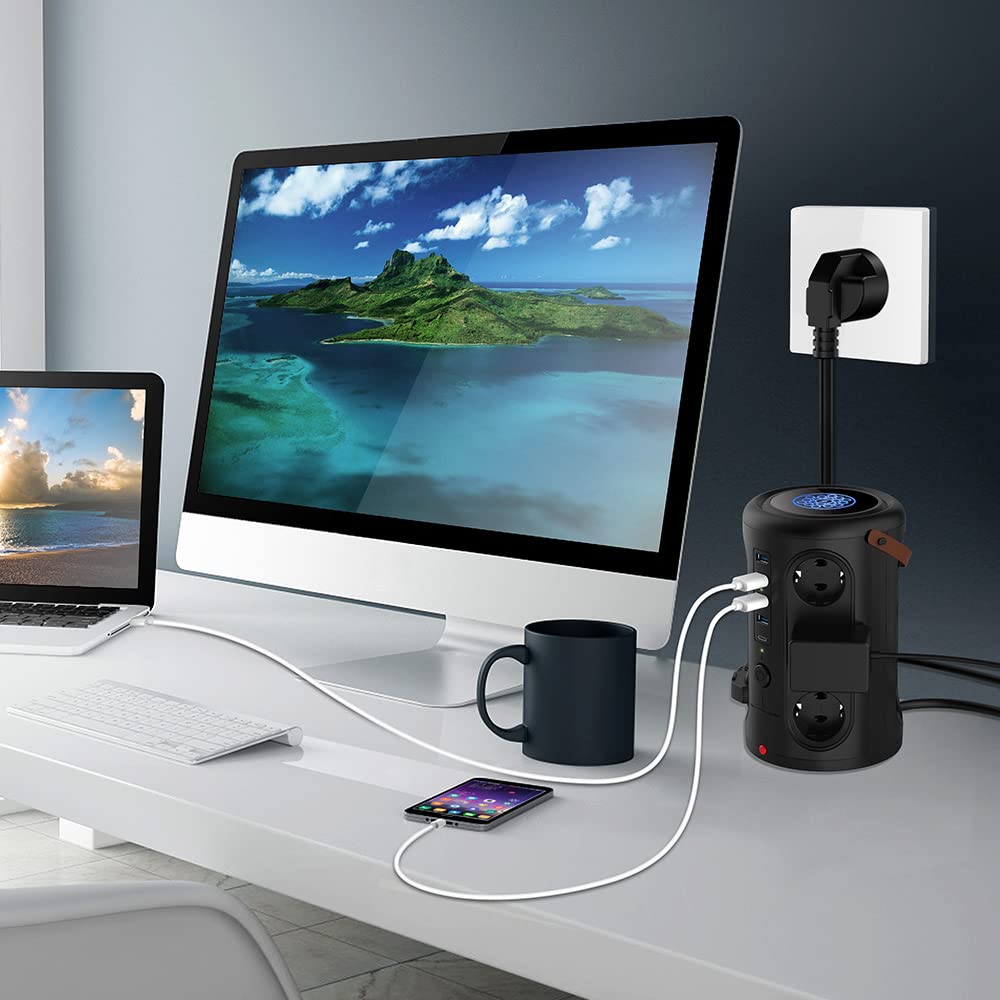 Wieża przeciwprzepięciowa na 12 gniazd z 4 portami USB i 1 USB-C i ładowarką bezprzewodową, 2500 W 10 A 110–250 V, przewód 1,8 m, wskaźnik LED, gniazdo przedłużające z wieloma