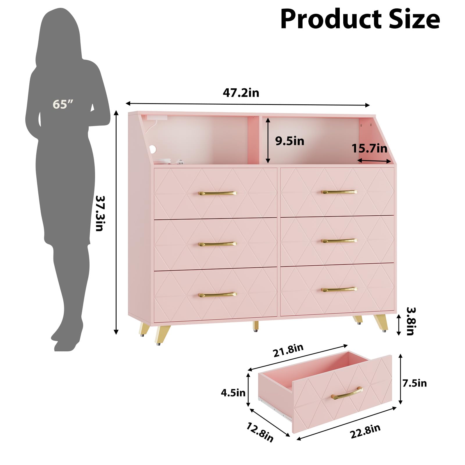 IDEALHOUSE Kommode mit 6 Schubladen (47 Zoll) & LED-Beleuchtung, mit integrierter Ladestation (Steckdosen/USB) - Holz-Schubladenschrank mit Ablagefach & 5 Metallfüßen - modern - Farbe: Pink