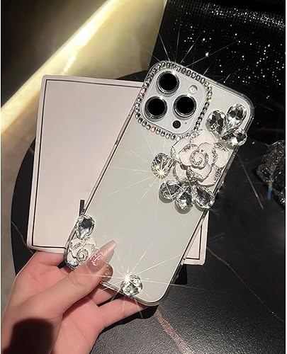 Miniatura 4 de Funda compatible con iPhone 15 Pro Max con diamantes de imitación con purpurina y flor de camelia para niñas y mujeres, bonita gema brillante 3D de