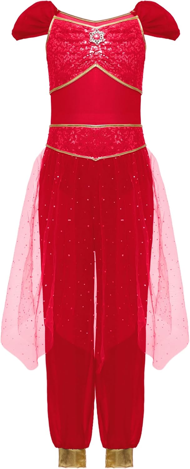 TiaoBug Girls Arabian Princess Belly Dance Rompers Jumpsuit Rhinestone Sequined Waist Tulle Dress