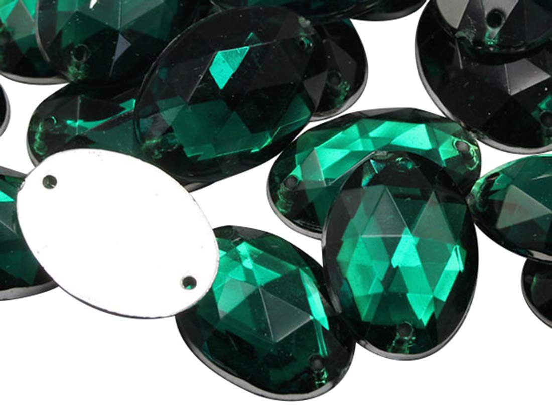 Allstarco 18x13mm Green Emerald CH18 Flat Back Sew On Oval Beads Acrylic Rhinestones Sewing Plastic Gems with Holes for Jewelry Clothes