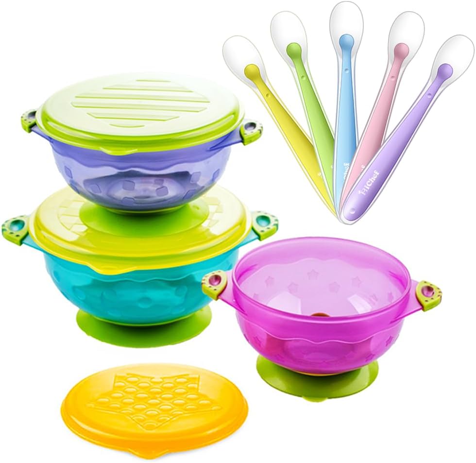Stay Put Suction Bowl, Baby Bowls for Toddlers with Snap Tight Lids, Spill Proof Baby Feeding Bowls Gift Set of 3 Count, and 5-Pack Soft Tip Silicone Baby Spoons -BPA Free