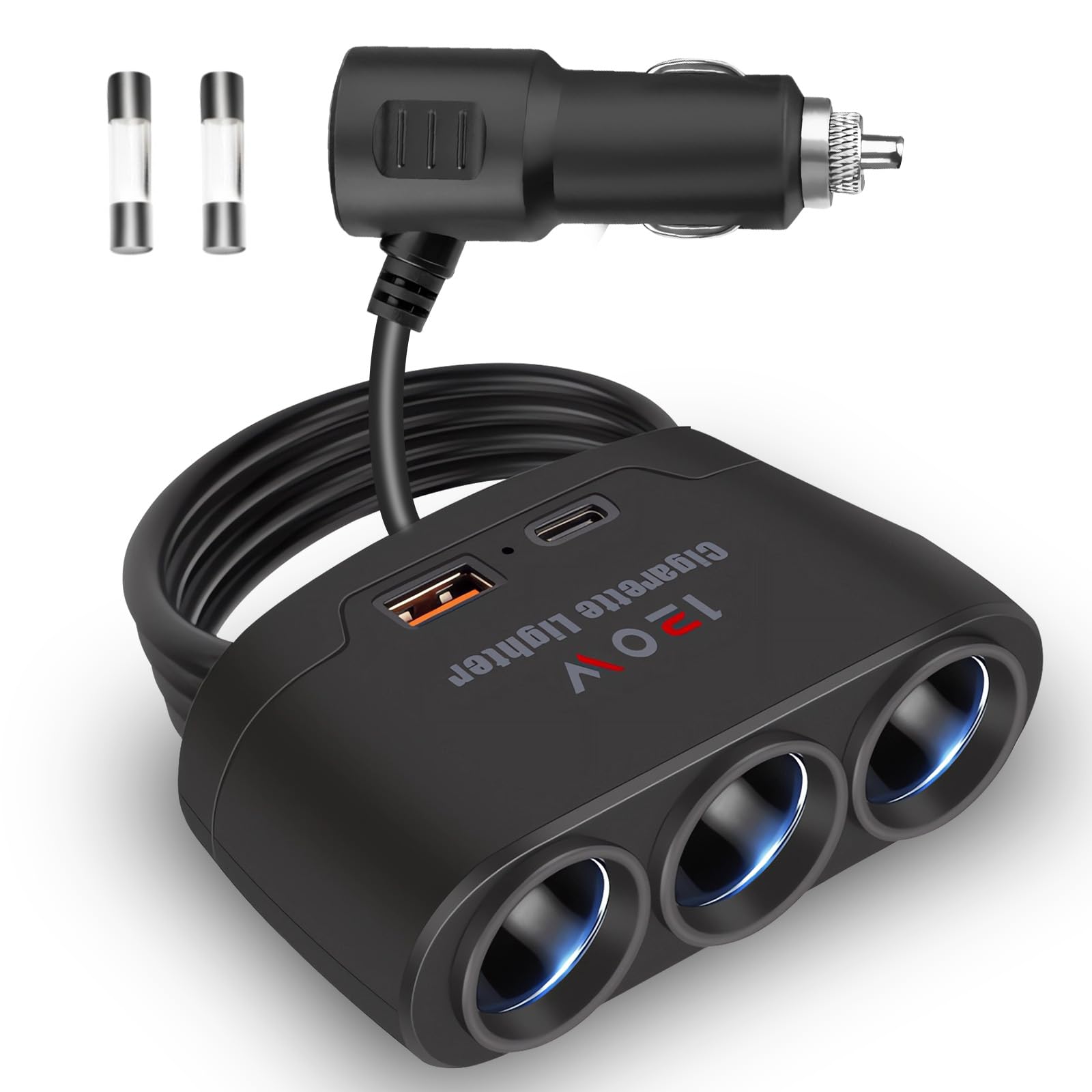 Adattatore per caricabatteria da auto 7 in 1 da 128 W doppia ricarica USB presa rapida a 3 porte splter per accendisigari multifunzione con interruttore  34