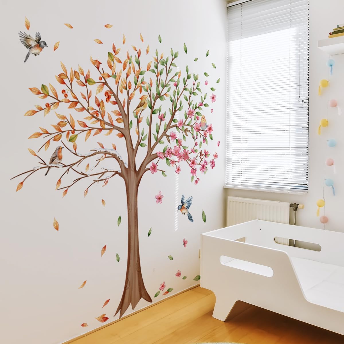 Runtoo Large Tree Wall Decals Peel and Stick 4 Seasons Leaves Bird Wall Art Stickers for Nursery Classroom Living Room Bedroom Decor image 3