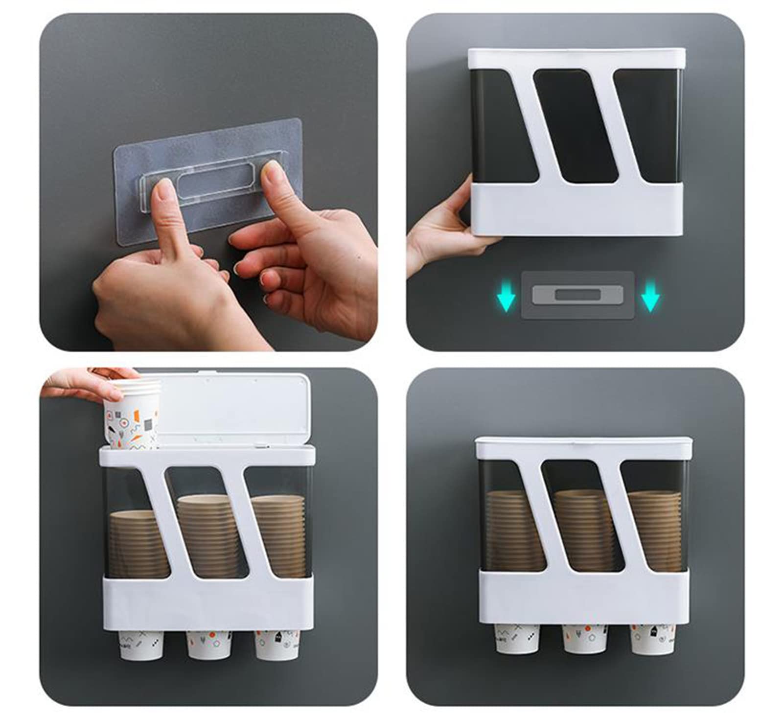 Dispensador de tazas, soporte de pared para vasos de papel desechables, diseño a prueba de polvo para el hogar, la oficina y el gimnasio