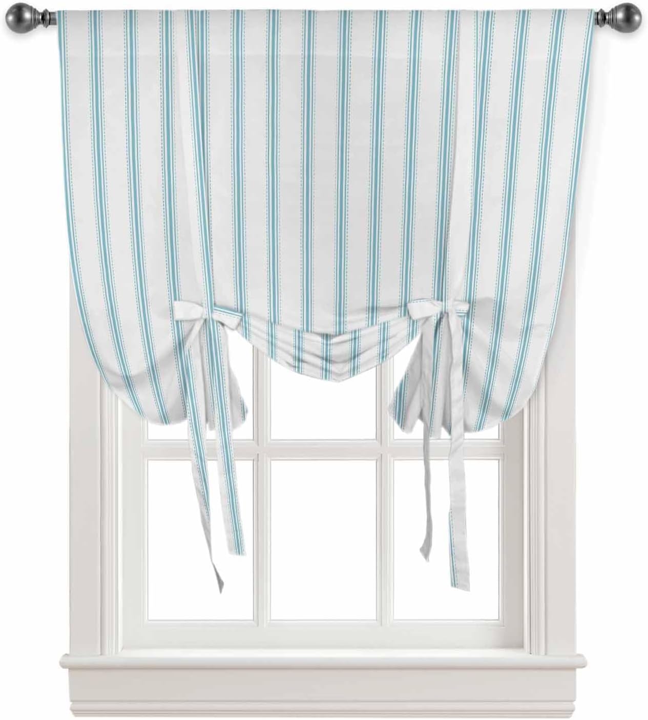 Bluish Green Stripes Tie Up Curtains for Kitchen Bathroom Bedroom Windows 63 Inch Length, Geometric Vertical Linens Modern Minimalism Balloon Drape Curtains Shade Rod Pocket Curtain Panel, 46"x63"