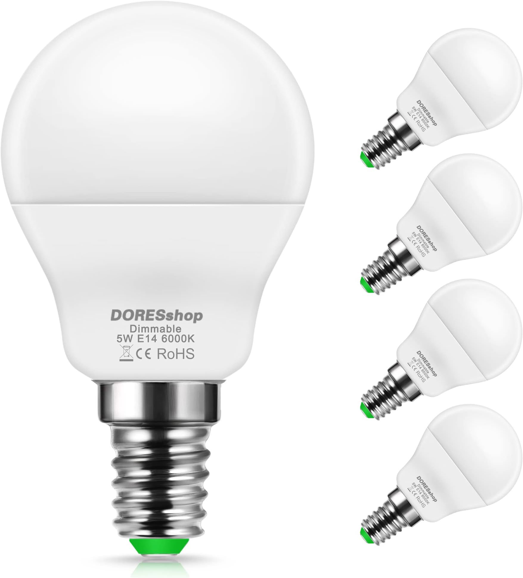 DORESshop E14 Dimmable LED Bulb, 5W P45 Small Edison Screw Bulbs(SES) Golf Ball Bulbs, 40W Incandescent Equivalent, 6000K(Daylight White),450LM, Not Suitable for 3-Way Dimmable Lamps, 4-Pack [Energy Class F]
