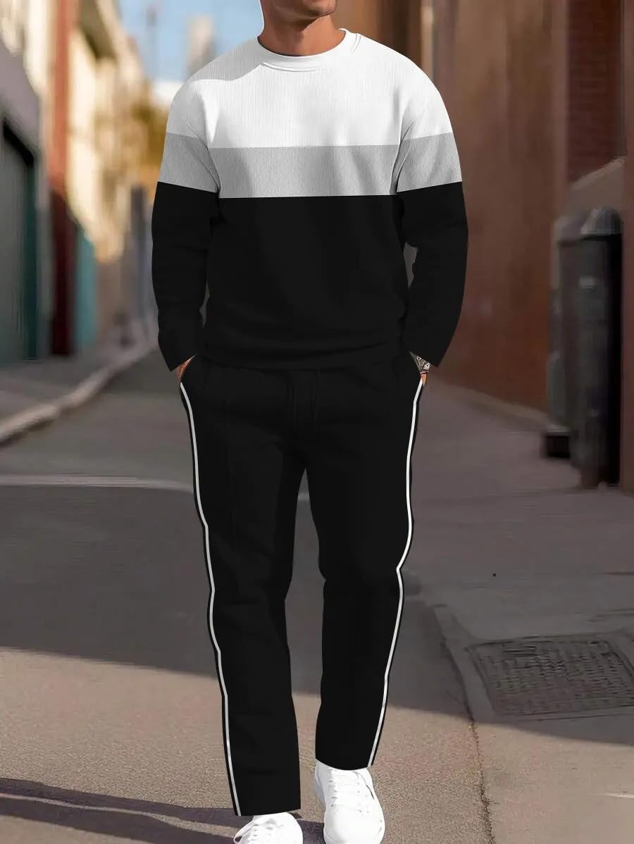 Men's printed hoodie and pants two-piece set, round neck sportswear and jogging pants set