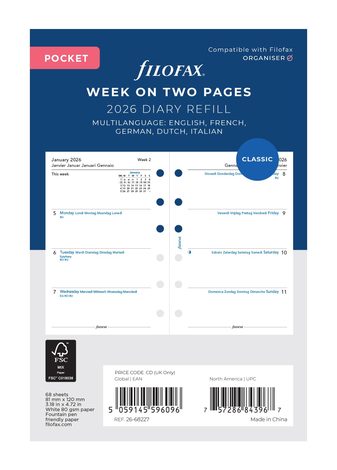 Filofax Pocket week on two pages 5 language 2026 diary 26-68227, White