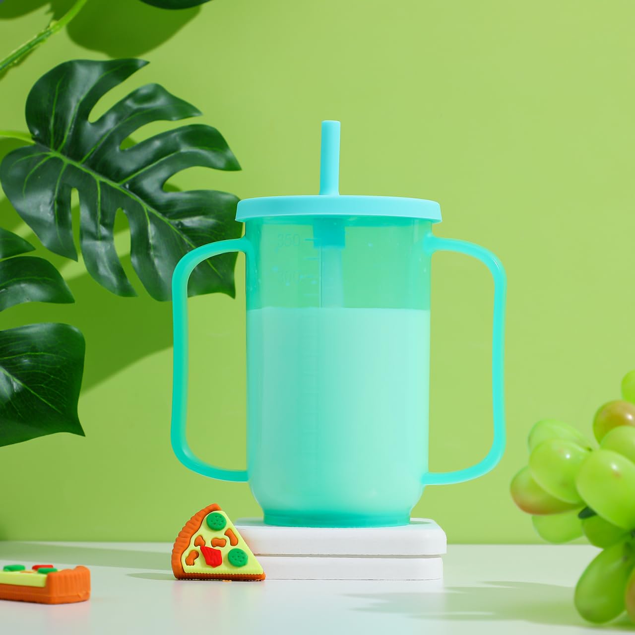 Baluue Tazza con becco per anziani, a prova di perdite, con manici, in silicone, per alimenti, a prova di perdite, con coperchio e 350 ml