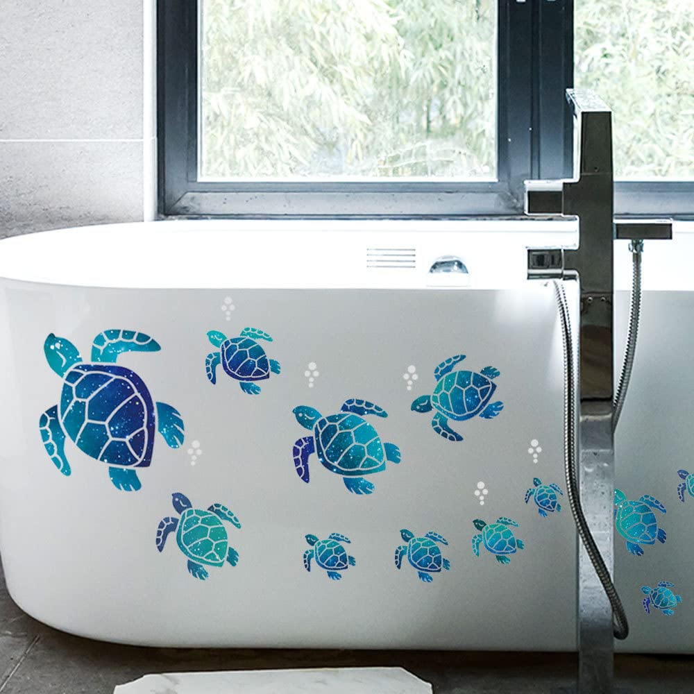 12 Pieces Sea Turtle Tile Stickers Waterproof Wall Decals Turtle Vinyl Stickers Underwater Ocean Wall Sticker Sea Wall Decals for Home Office Living Room Wall Bathroom Toilet - Image 4