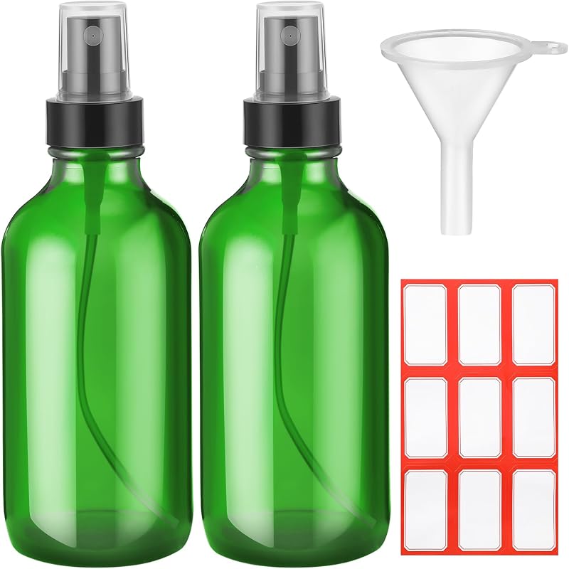 Fumete Pacote com 2 Frascos de Vidro com Spray, 120 mL, Verde, Tampa Preta, com Etiquetas e Funil