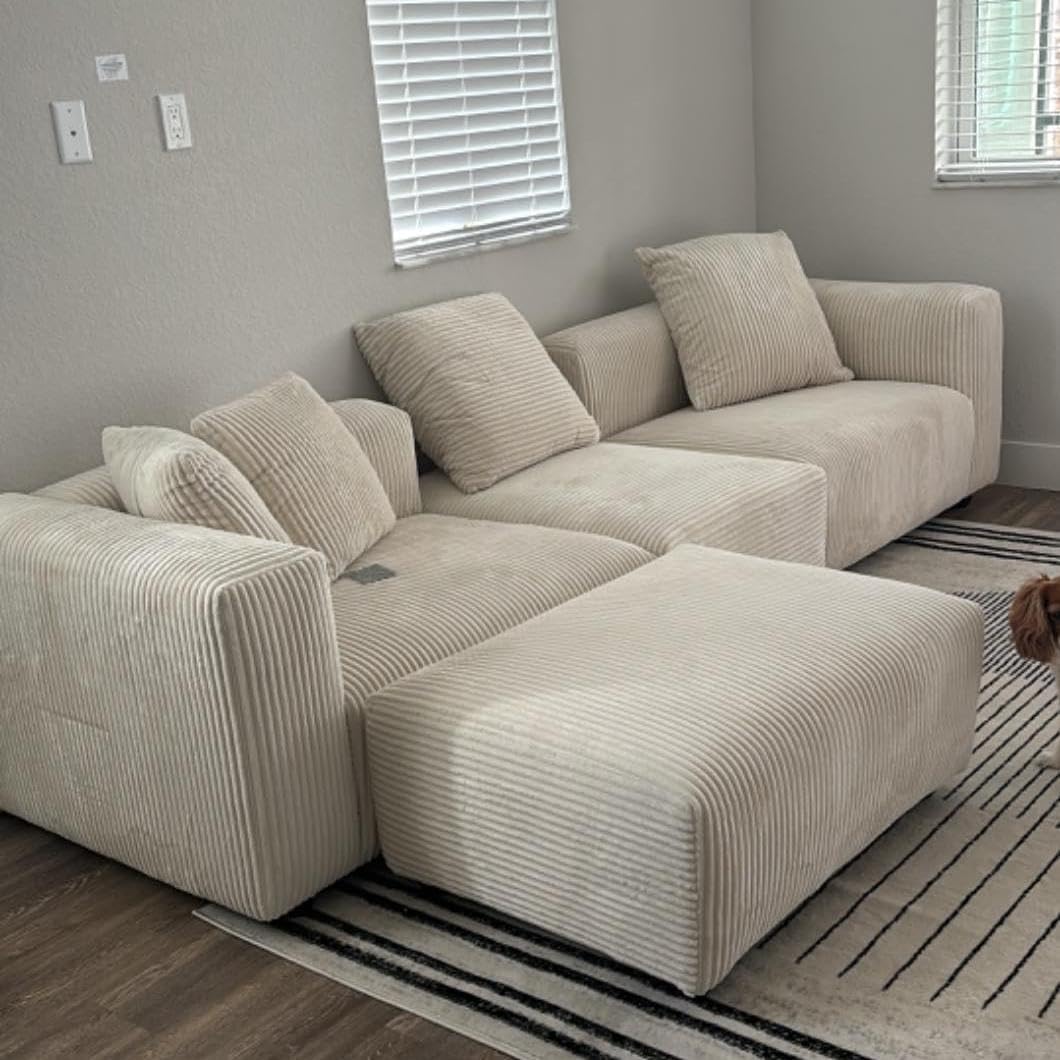 Acanva Corduroy Convertible Modular L Shaped Sectional Sofa, 4 Seater Free Combination Corner Couch, Convertible to DayBed, Wide Loveseat with Moveable Ottomans for Small Spaces, Sleeper Bed, White