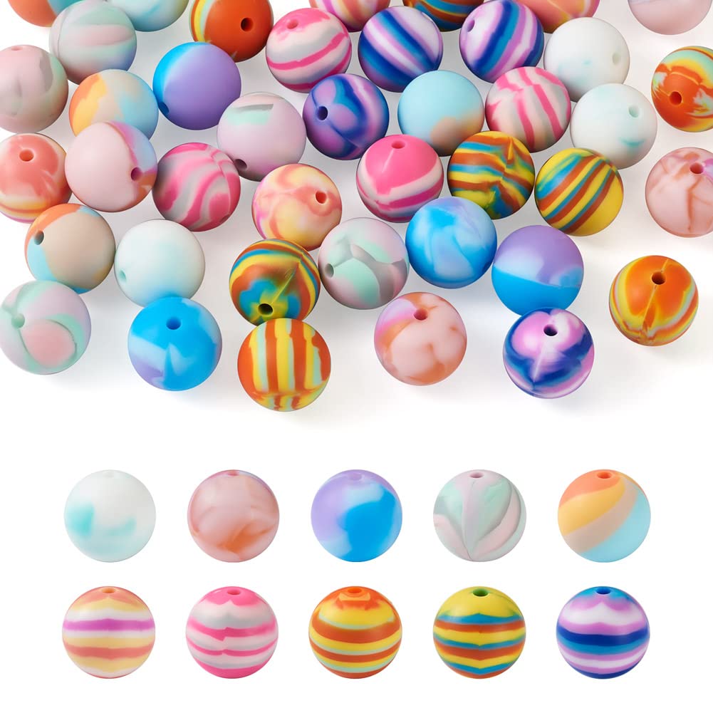 Cheriswelry 50Pcs Rainbow Color Silicone Beads 15mm Round Silicone Loose Beads for DIY Keychain Necklace Bracelet Making DIY Crafts