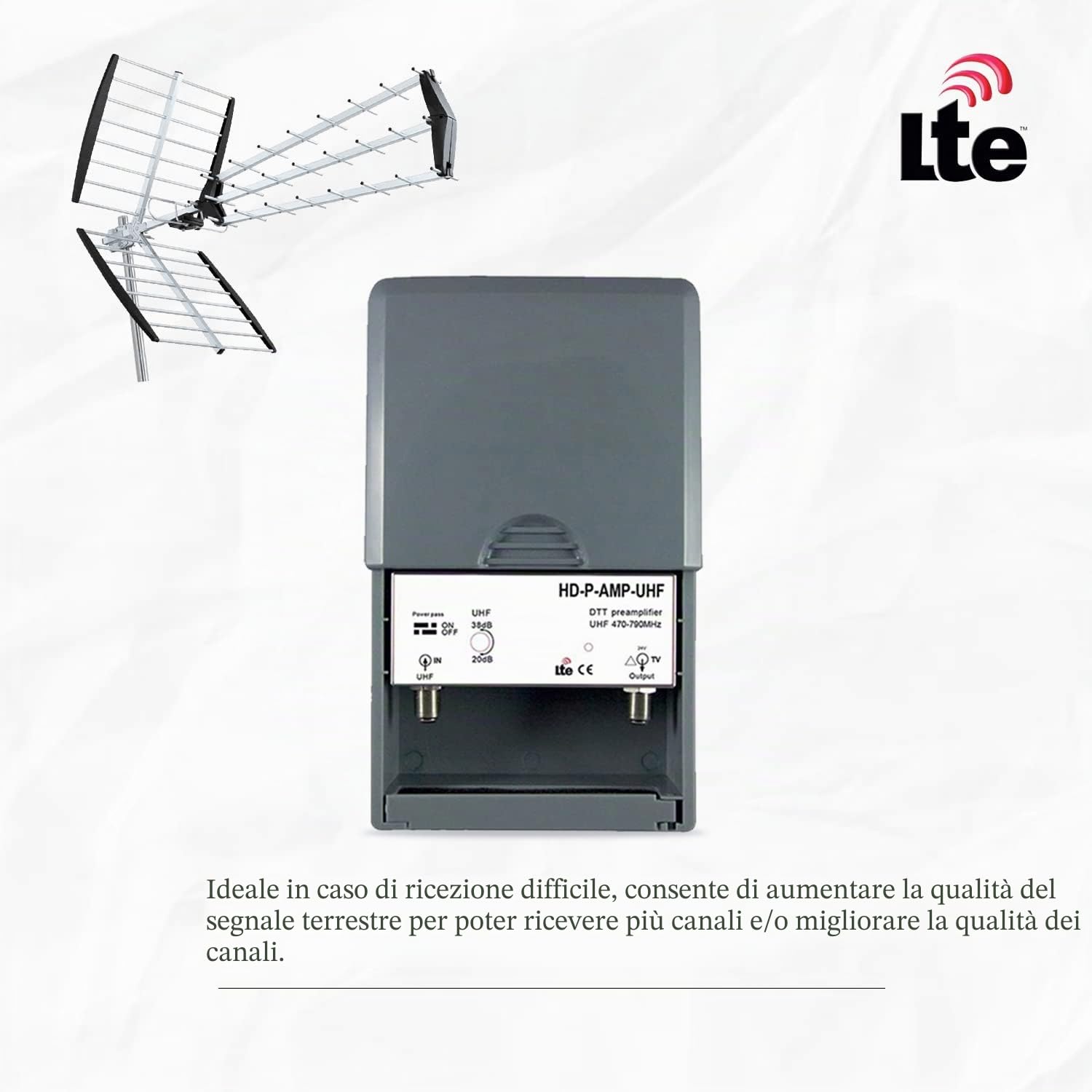 LEYF Preamplificatore TV/Guadagno regolabile 15-38dB/Amplificatore Antenna TV/Ampli per TNT HD Segnale UHF 470-790MHz