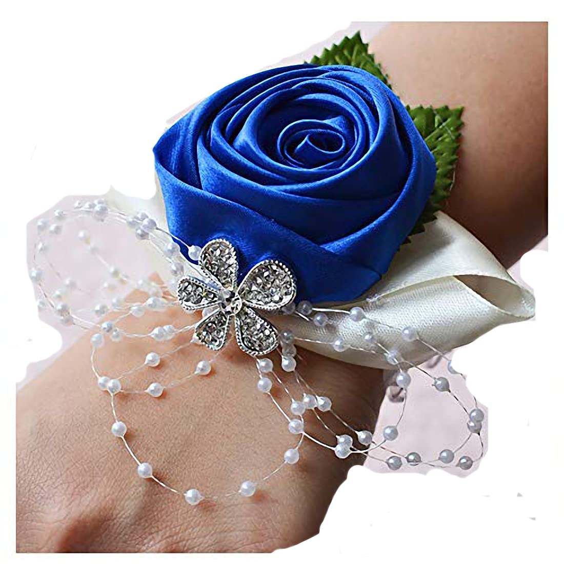 ToBe-U 2 Pcs Bridal Silk Wrist Flower with Faux Pearl Bead Stretch Bracelet Wristband