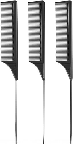 MEGA So - Black Pin Tail Comb Set, Fine Tooth, Metal Rat Tail, Salon Hair Sectioning, Pack of 3