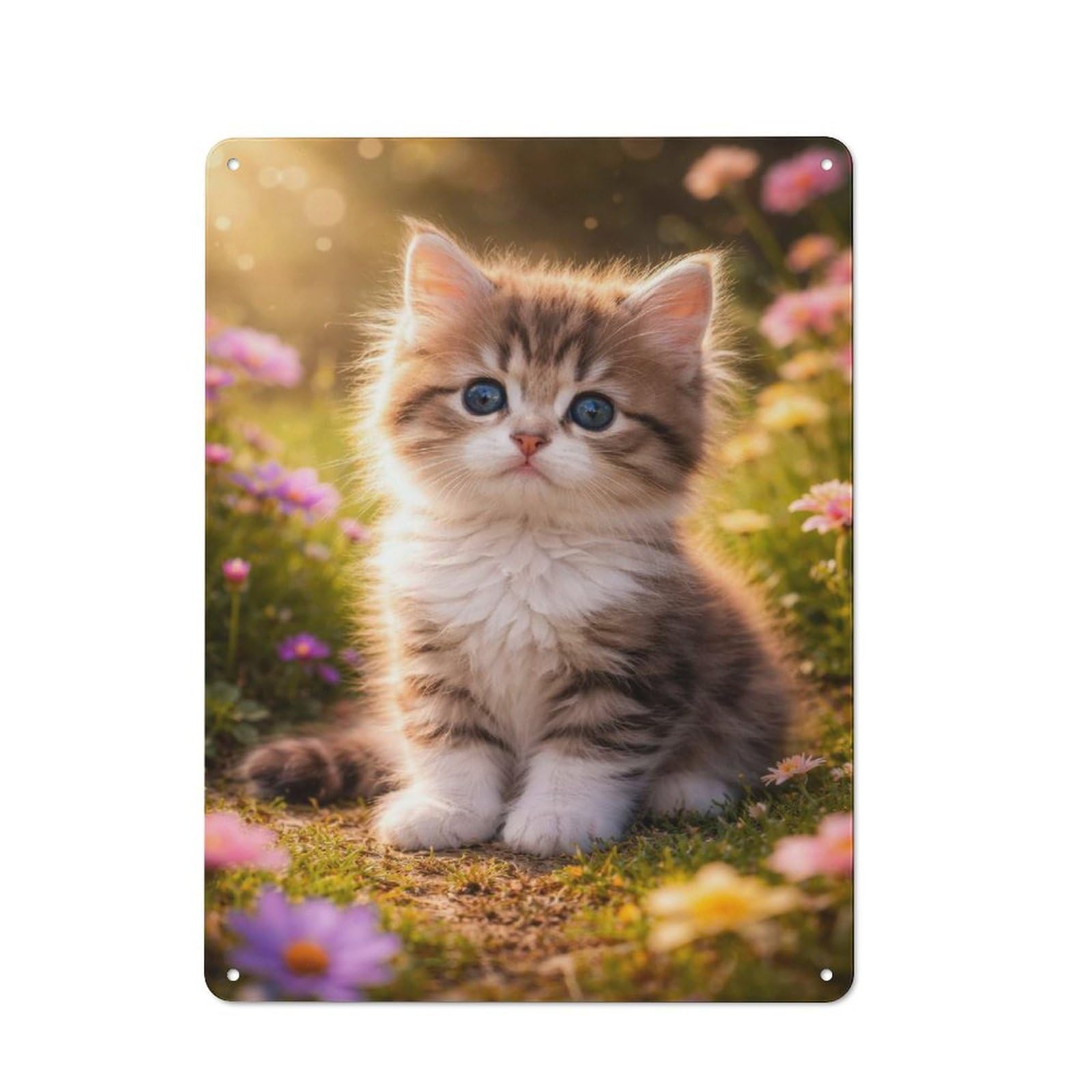 Junmoney Style-22 Rustic Cute Kitten In A Field Of Flowers Tin Wall Plaque 40X30cm, Rustic Kitchen Decor For Cottage, Kitchen, Hallway Or Breakfast Nook