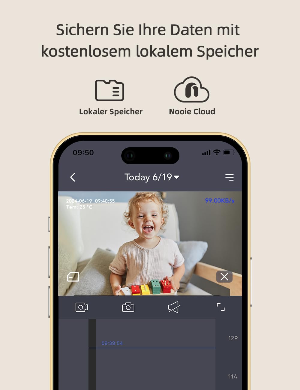 nooie Babyphone mit Kamera und App,2K intelligentes Babyfon, Temperaturüberwachung,2.4/5GHz WLAN, Nachtsicht,Zwei-Wege-Audio, Weinen/Geräuscher-kennung, KI-Tracking, funktioniert mit Alexa