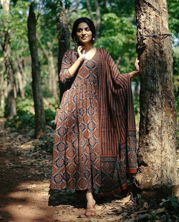 Image of ASSUME FAB Women Viscose Rayon Anarkali Maternity and Nursing Kurta Set with Dupatta - Brown Floral and Geometric Pattern, 3 /4 Sleeves, Comfortable Fit
