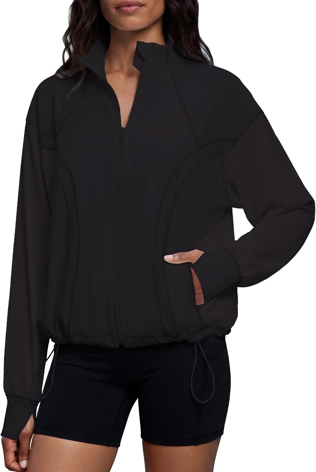 Locachy Women's Oversized Cropped Running Workout Jacket Casual Athletic Jacket Hiking Cycling Active Tops with Thumbholes